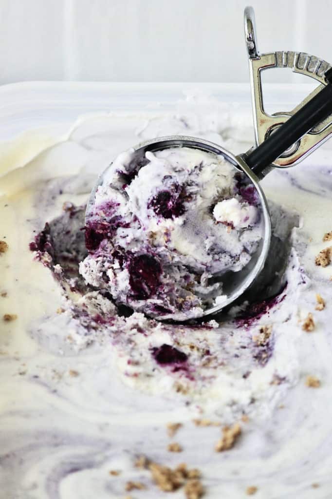 Swirled blueberry ice cream with crumble