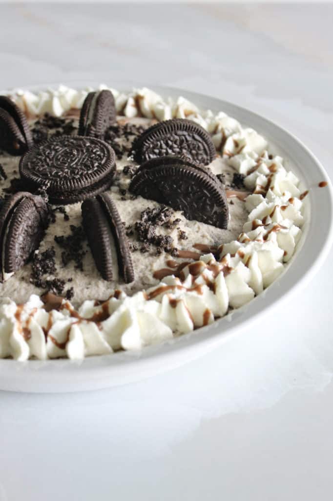 Up-close shot of Oreo pie with coffee and mascarpone