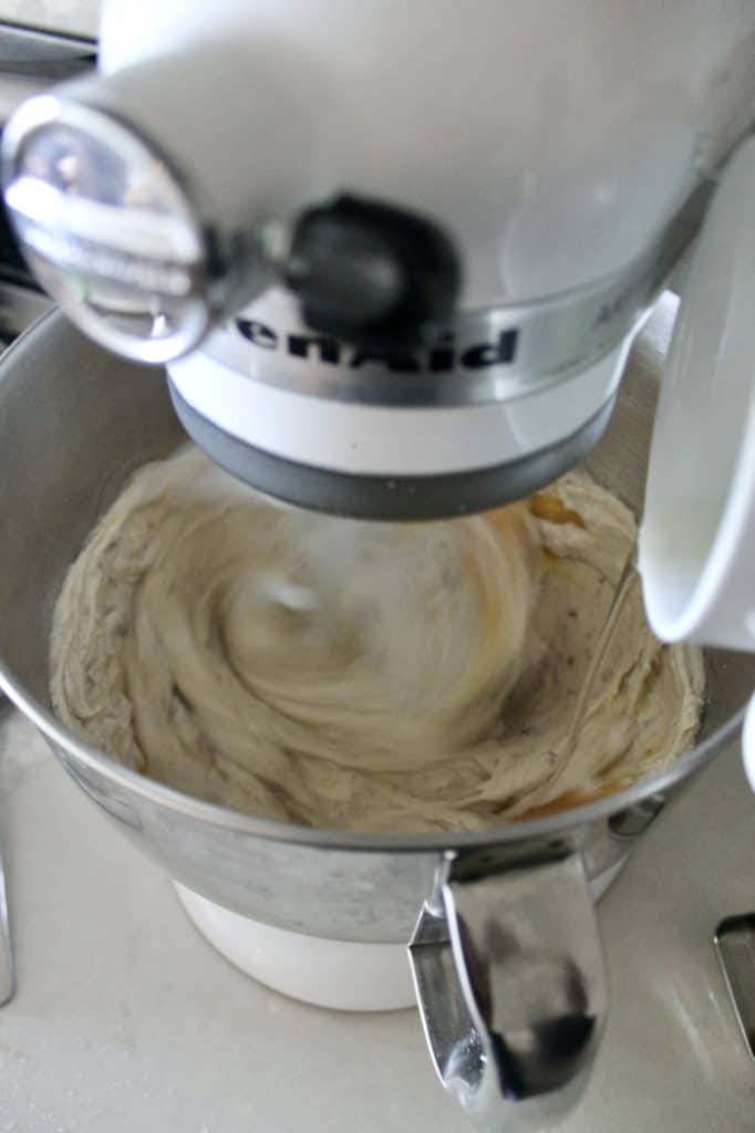 kitchenaid mixer in use, combining ingredients for Chocolate Chip Cookies