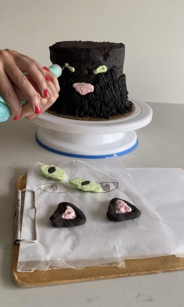 piping frosting to hold cat's eyes in place