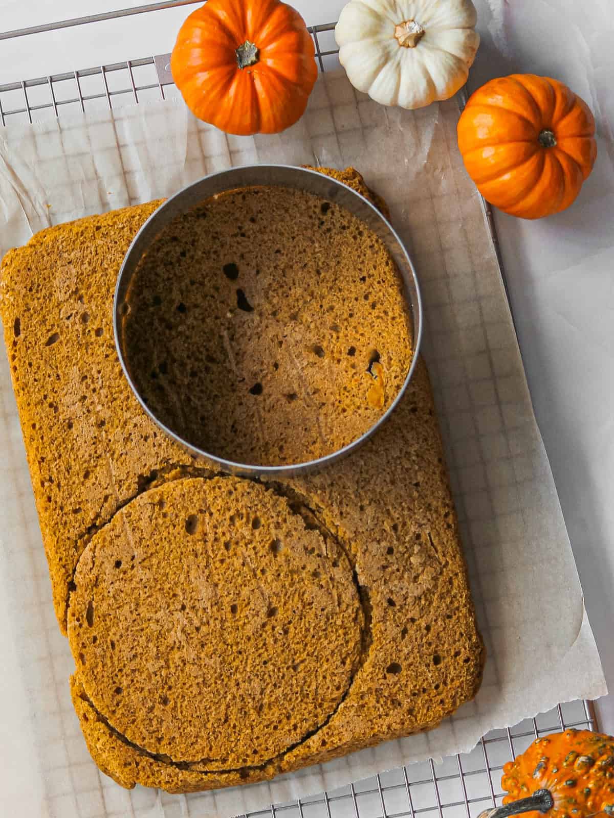 Overhead image of baked cake on a piece of parchment, cooling on a rack. The cake ring is about to cut out the second layer.