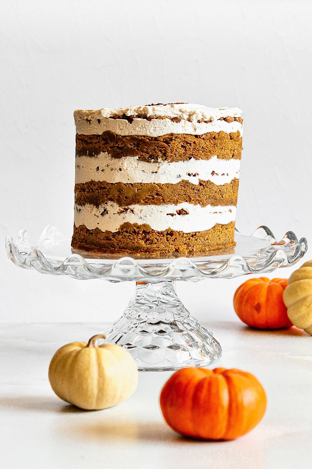 Pumpkin chai cake, sitting on a glass cake stand, surrounded by small pumpkins in the foreground and background.