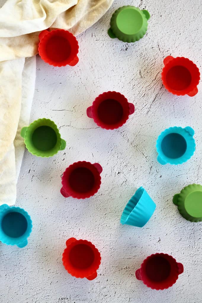 overhead shot of silicone cupcake liners for mini eggnog pies