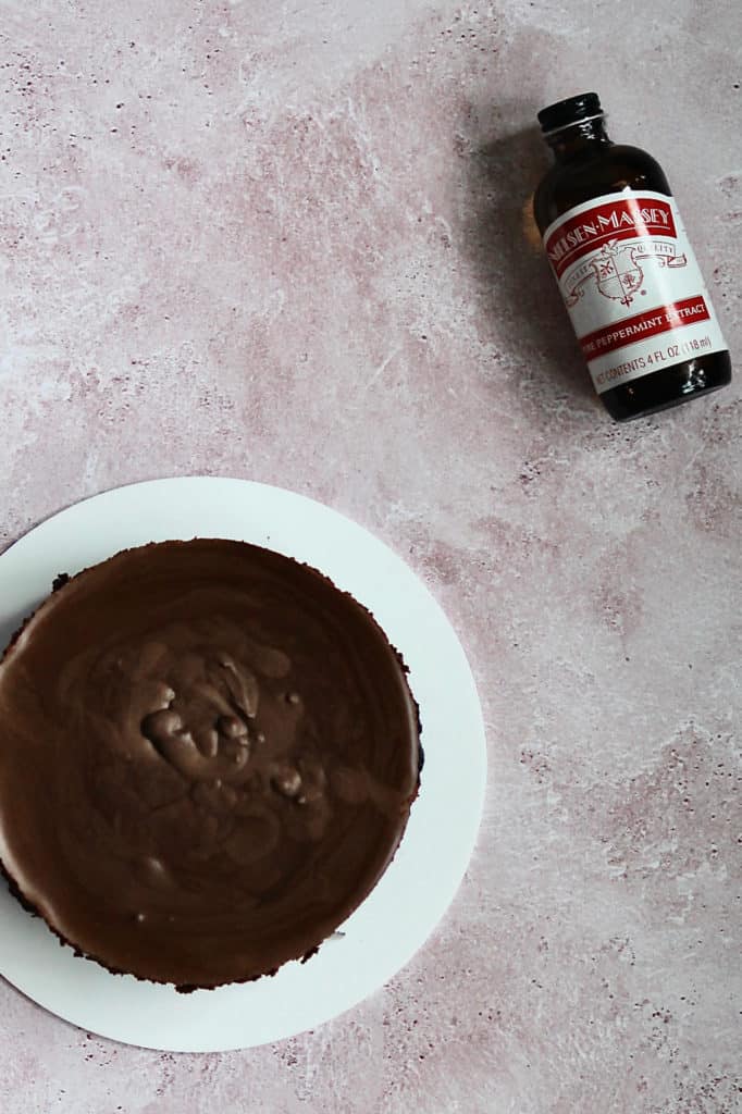 overhead shot of peppermint extract next to peppermint mocha pie