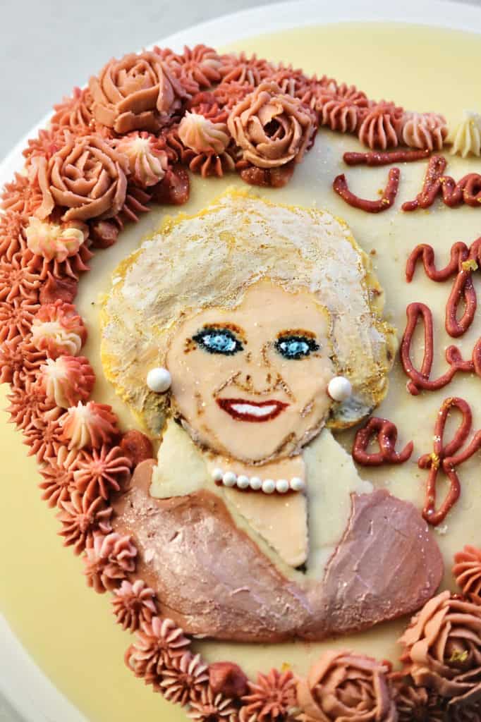 Up-close shot of buttercream transfer for my Betty White cake