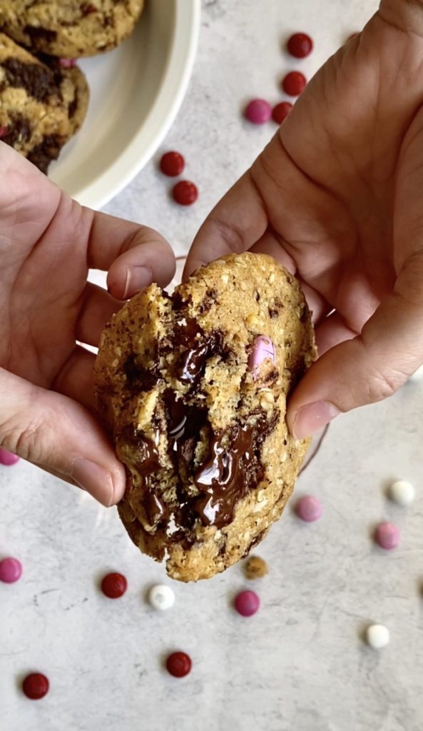 chocolate chunk oatmeal cookies with Valentine's Day M&Ms