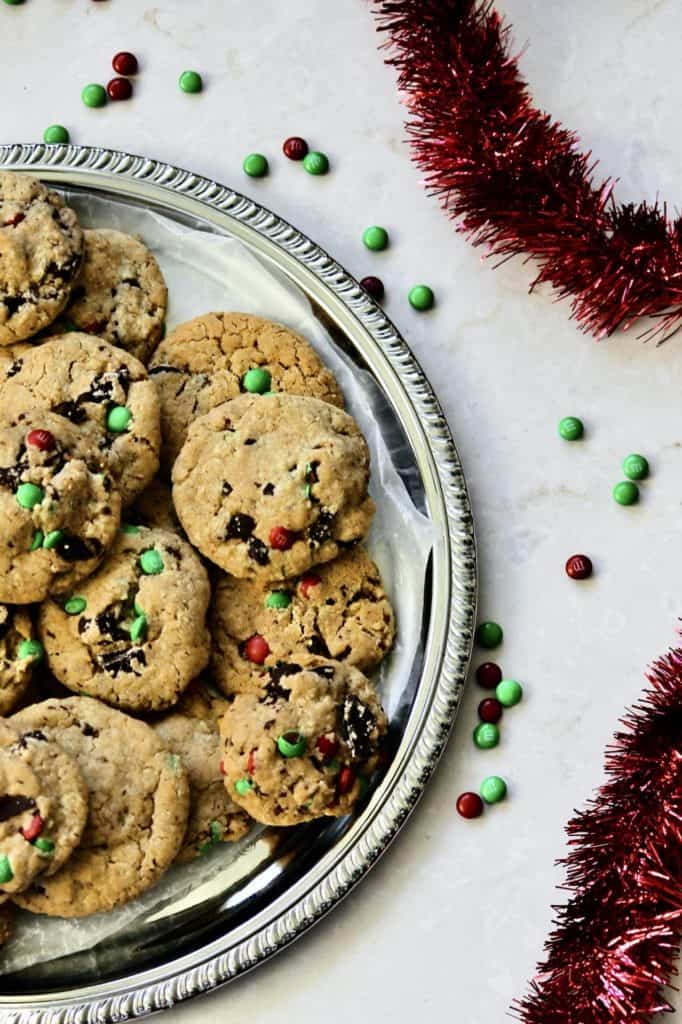 chocolate chunk oatmeal cookies with Christmas M&Ms