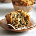Bakery style chocolate chip muffins with a bite missing from one