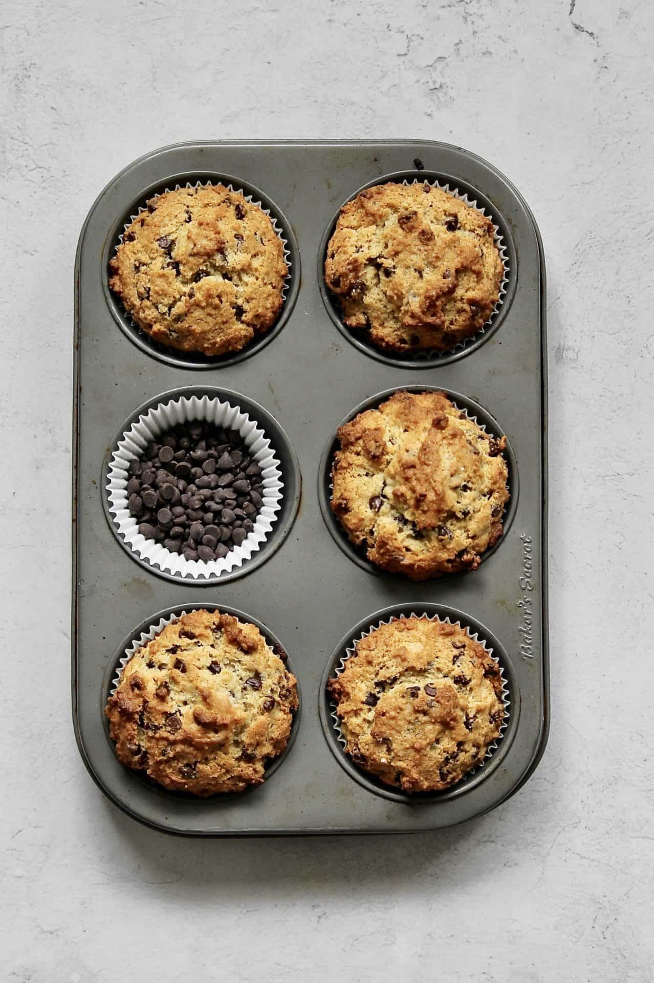 overhead shot of baked small batch chocolate chip muffins