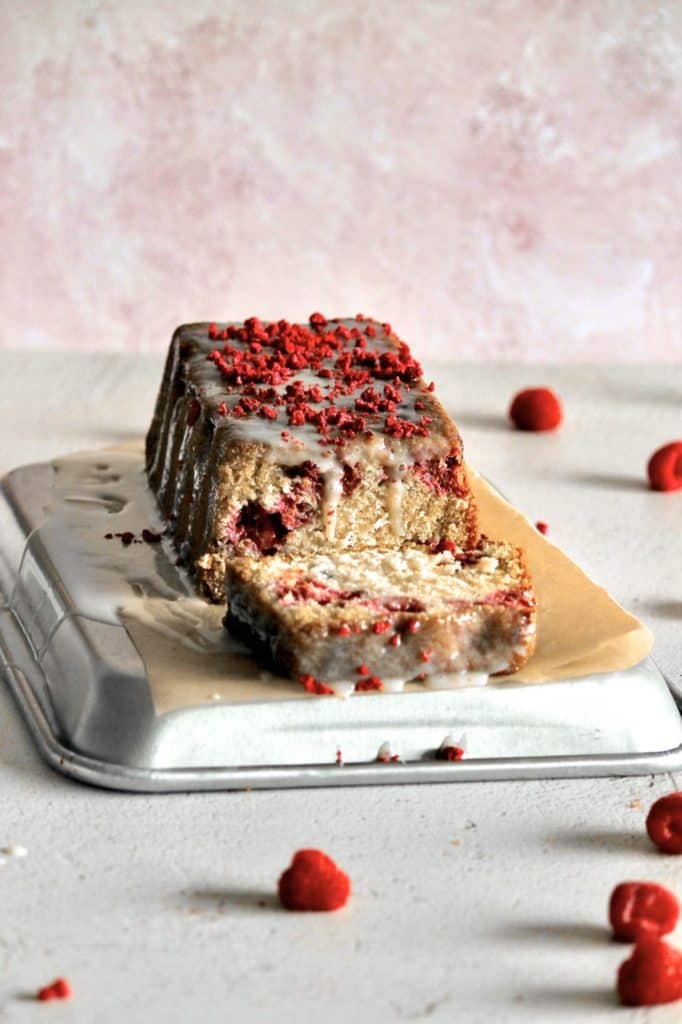 sliced white chocolate and raspberry loaf cake