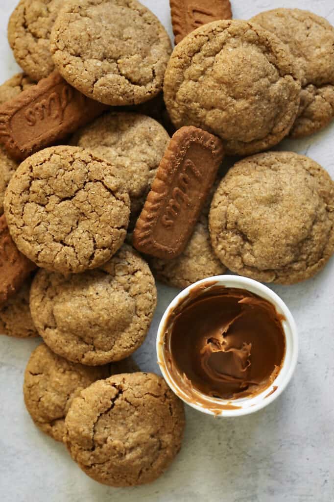 Pile of baked biscoff butter cookies with Lotus cookies and Biscoff spread mixed in