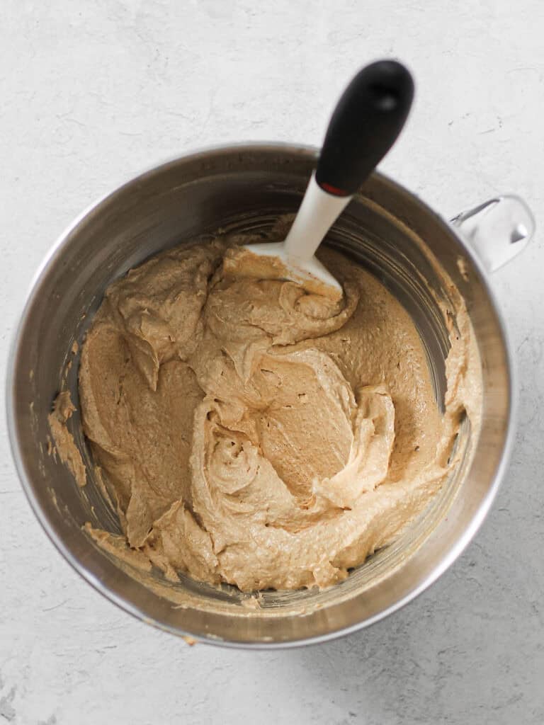 Mixing bowl with dough for Biscoff cookie sandwiches.