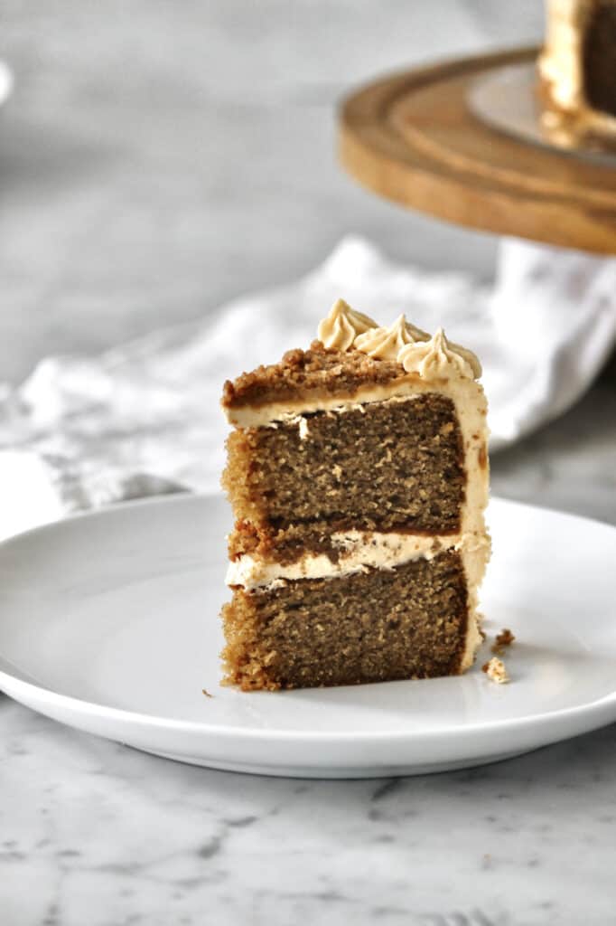 up-close shot of a slice of this 6 inch 2 layer Biscoff cake