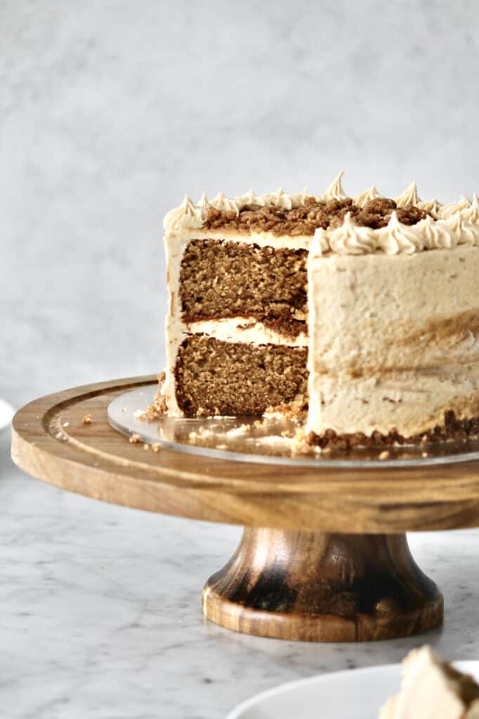 inside look at this 6 inch 2 layer Biscoff cake, after a slice has been removed