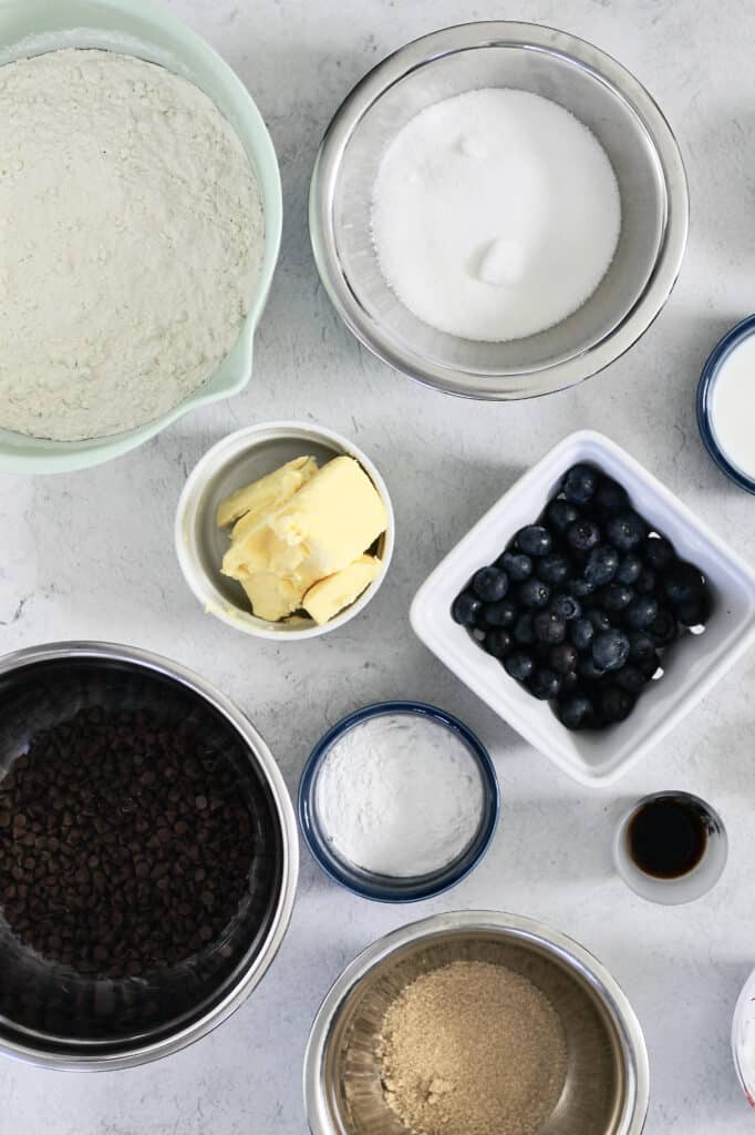 overhead shot of ingredients for blueberry chocolate chip muffin recipe