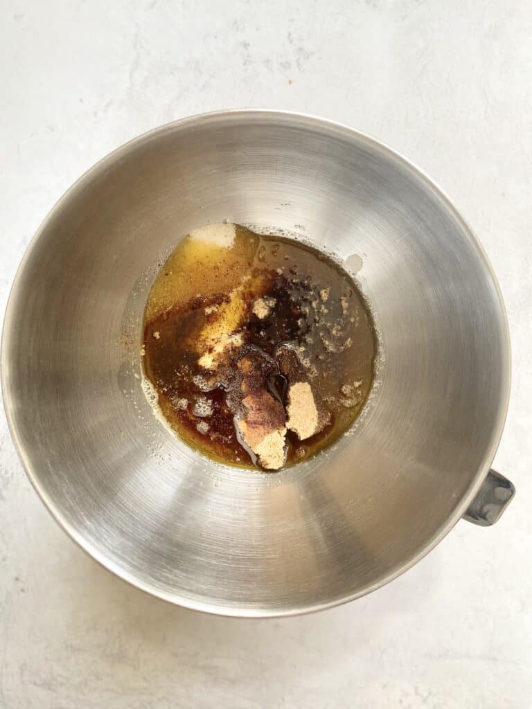 brown butter in a mixing bowl for chocolate chip cookies