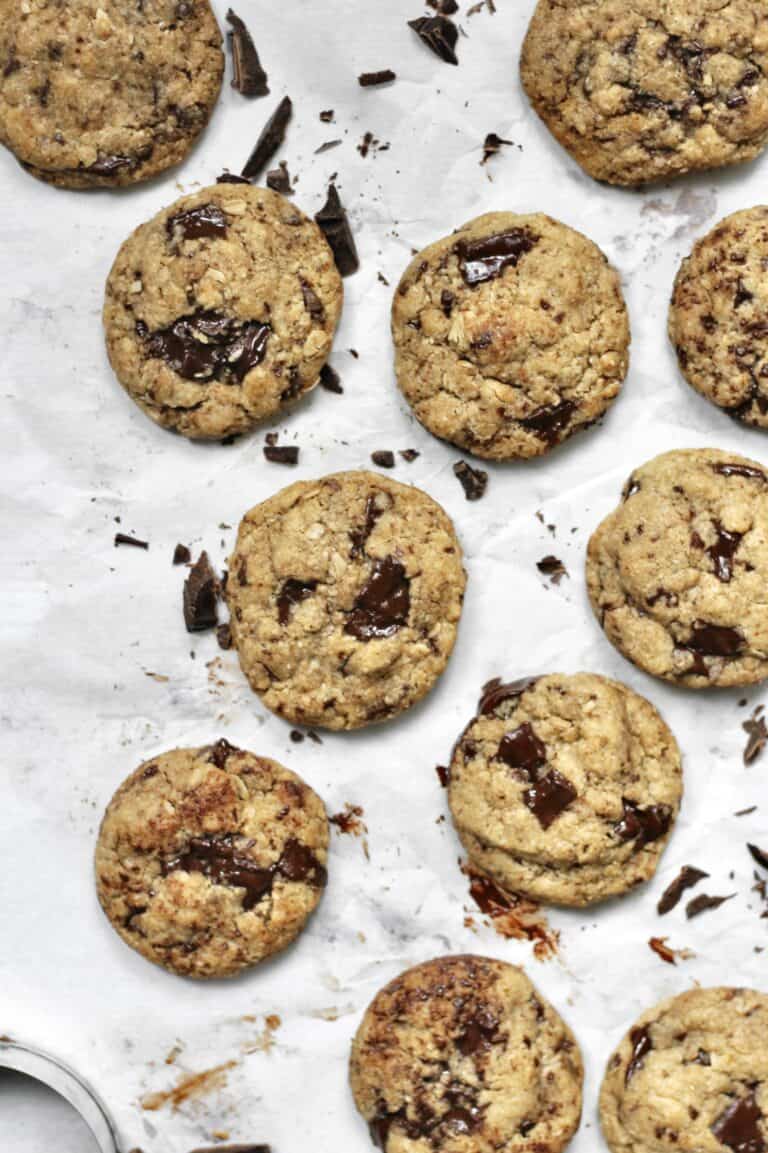 overhead image of baked chocolate chunk cookies on a baking sheet