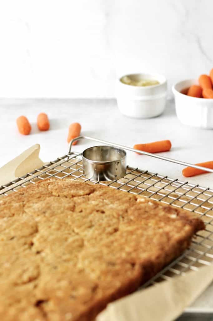 image of flat carrot cake sheet cake with a 2" round cookie cutter in the background for cutting mini layered carrot cakes