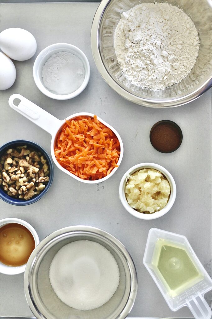 overhead shot of ingredients for carrot cake recipe