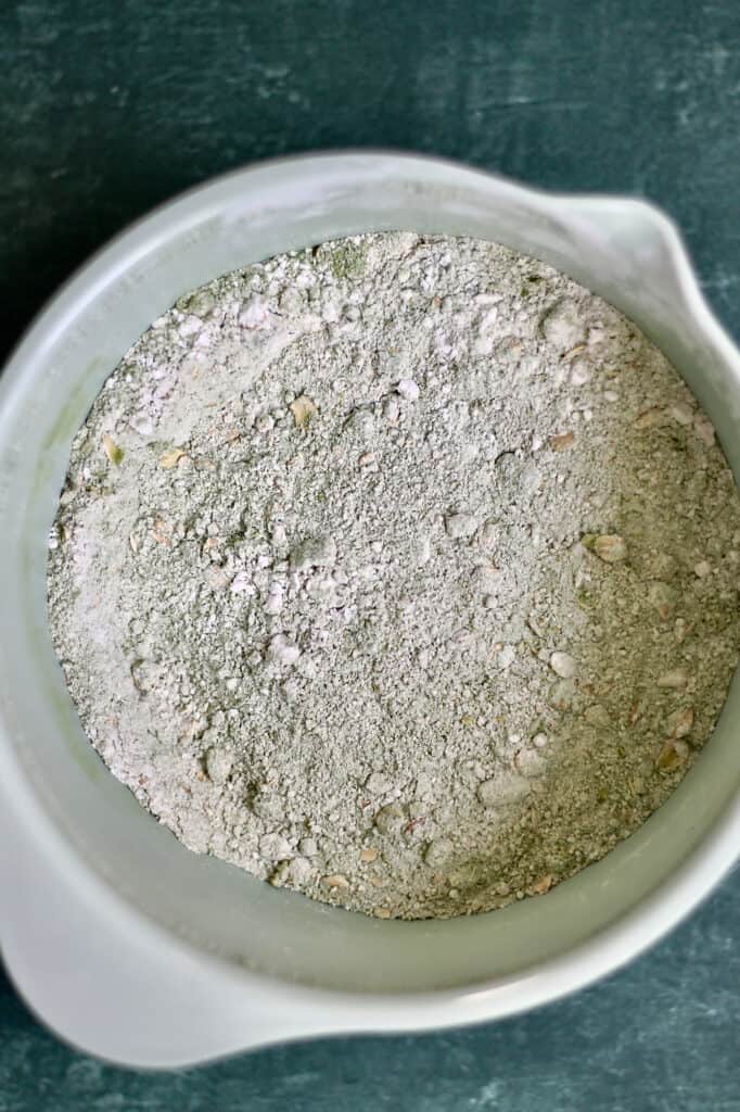 bowl of slightly green flour, thanks to matcha powder