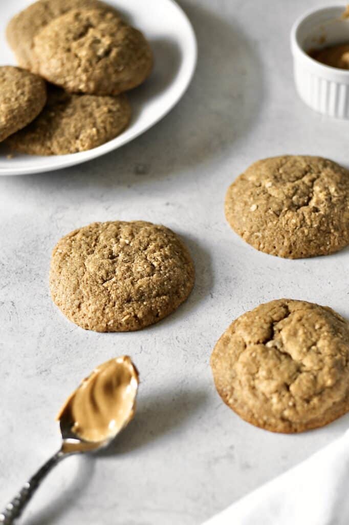 image of peanut butter cookies on a grey background with a spoon of peanut butter in one corner and a plate of cookies in the upper left hand corner