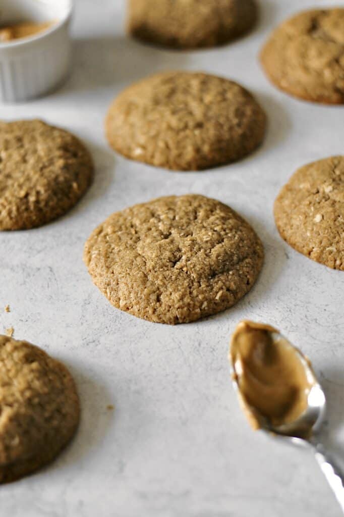 image of 7 peanut butter cookies on a grey background with a spoon of peanut butter in the foreground