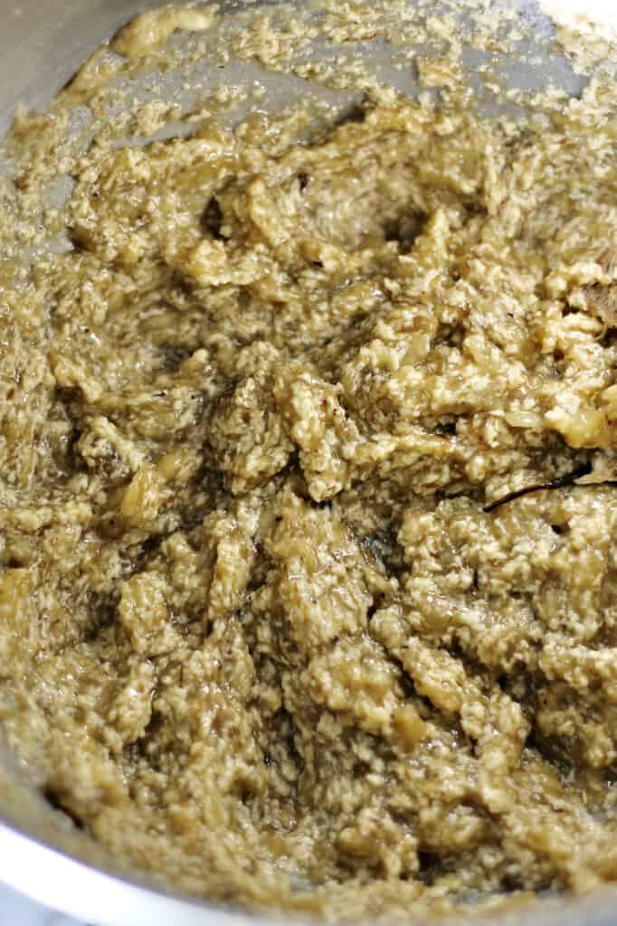 image of wet ingredients combined in mixing bowl for banana cake recipe