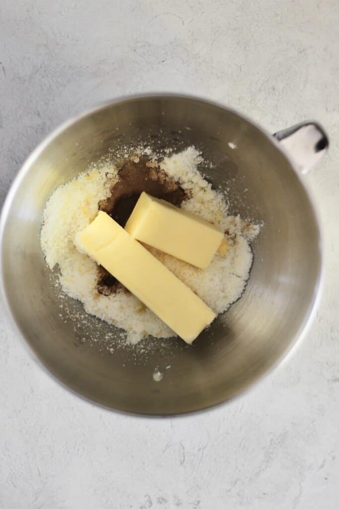 bowl of butter, sugar, and extract to mix for cake