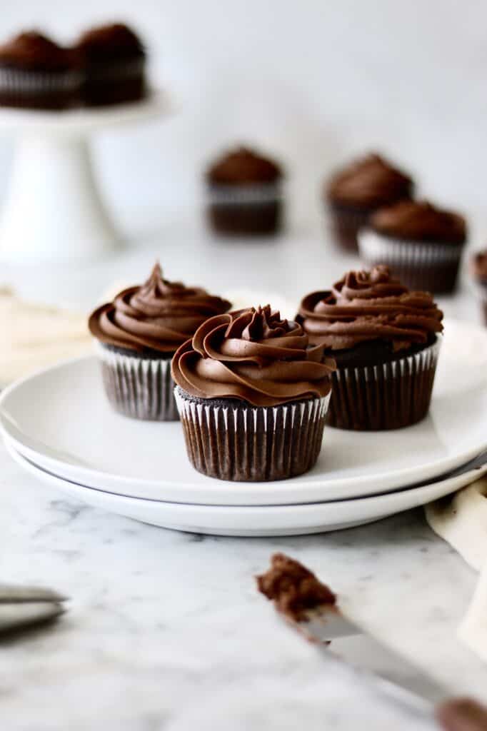 chocolate cupcakes sitting on a stack of white plates