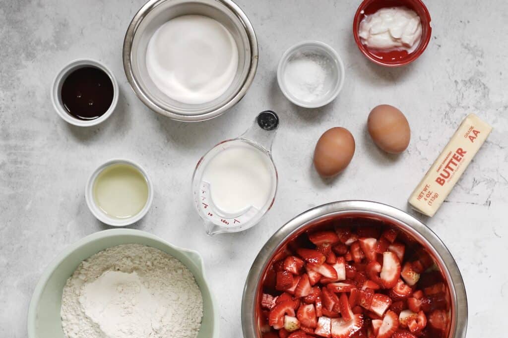 overhead shot of ingredients for strawberry filled cupcakes