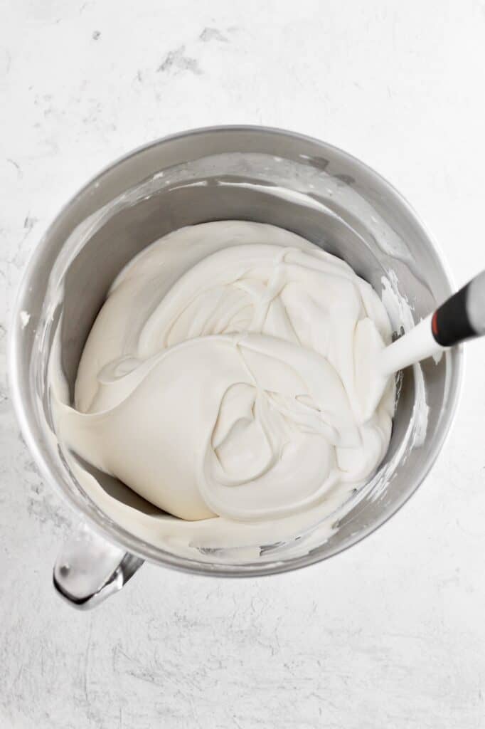 medium stiff peaks of mascarpone, heavy cream, and powdered sugar
