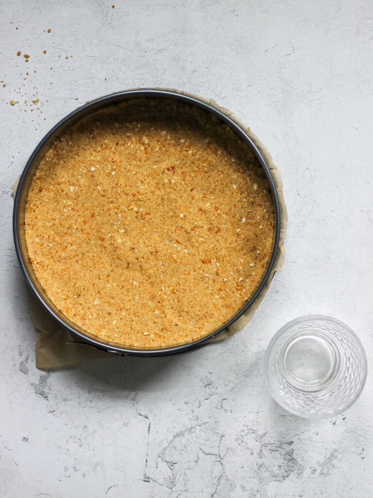 Pretzel pie crust in a 9" springform pan.