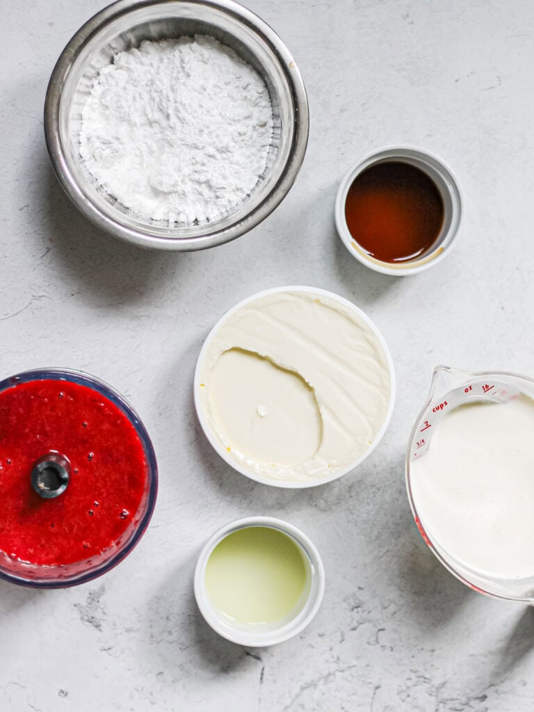 Ingredients for strawberry mascarpone cheesecake.