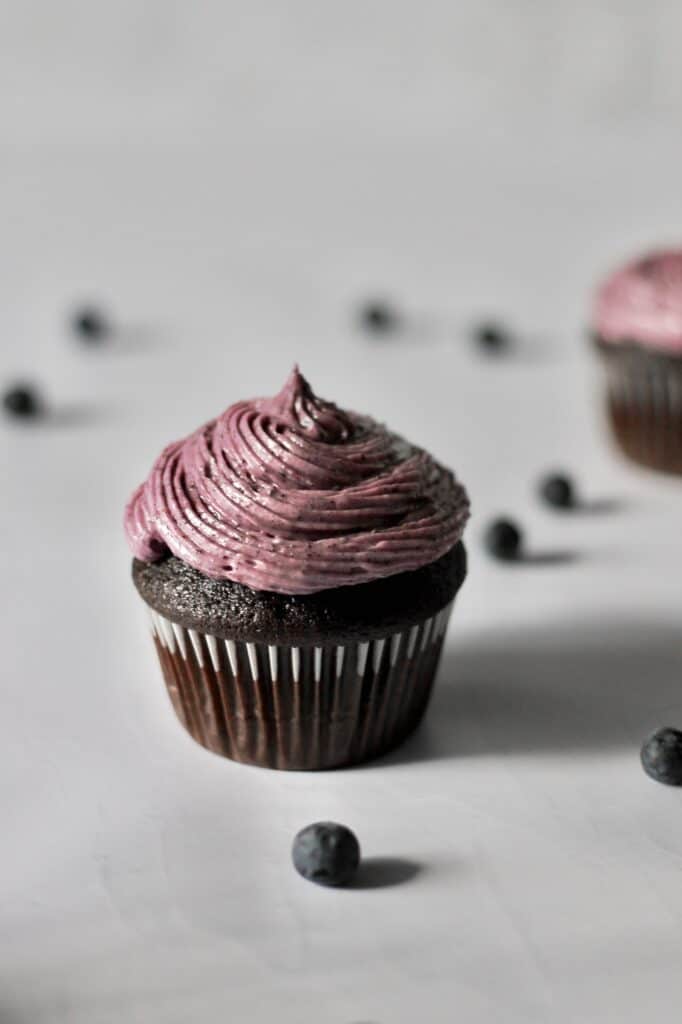 chocolate cupcakes with blueberry cake frosting, surrounded by blueberries