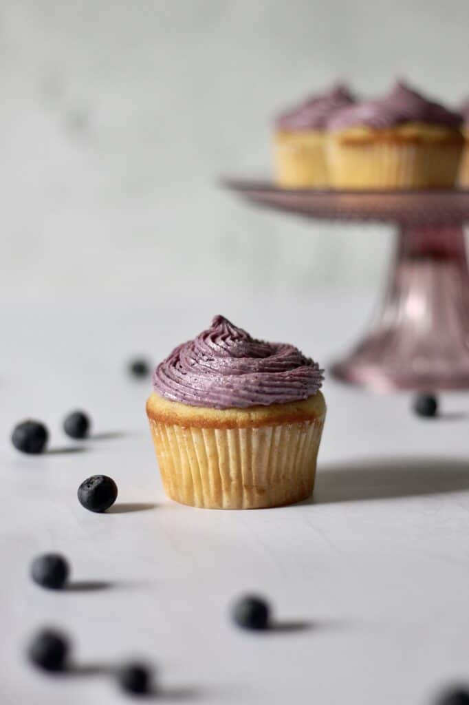 image of vanilla cupcakes with blueberry cake frosting