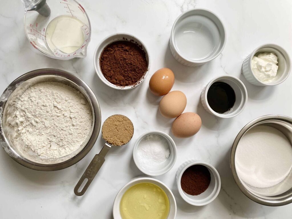 overhead image of ingredients for moist chocolate cake or cupcakes