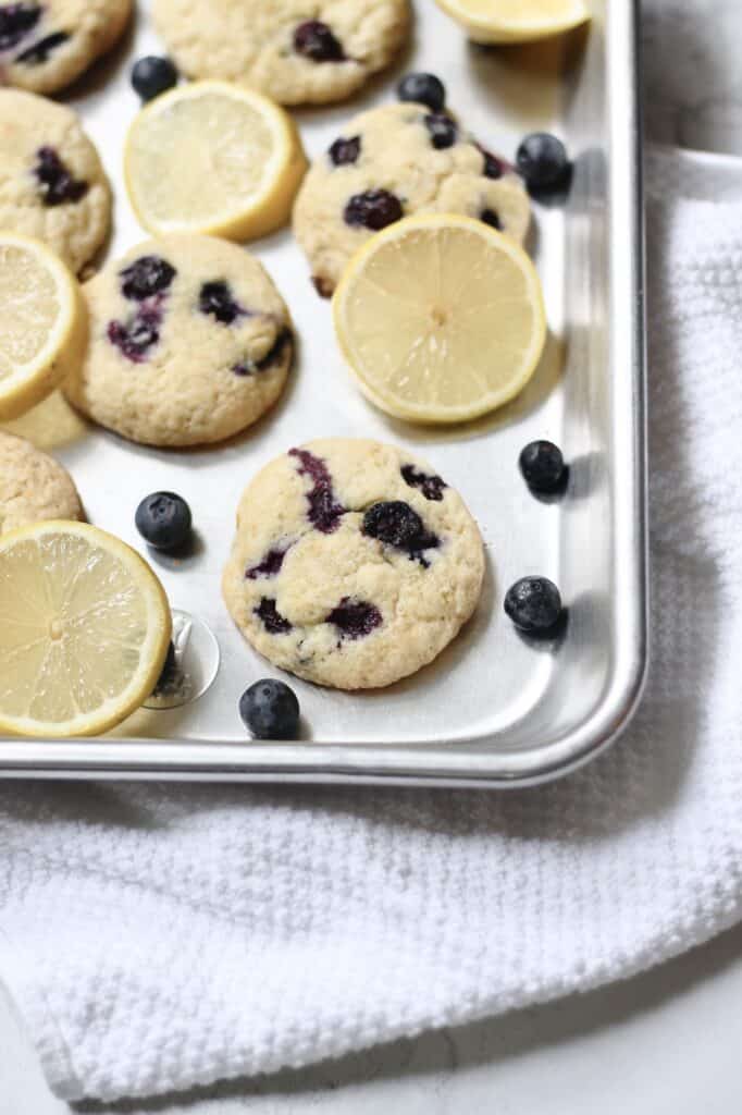 baked blueberry cookies on a cookie sheet