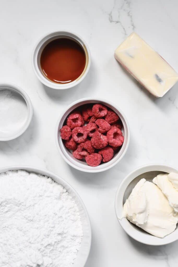 ingredients for raspberry cream cheese frosting