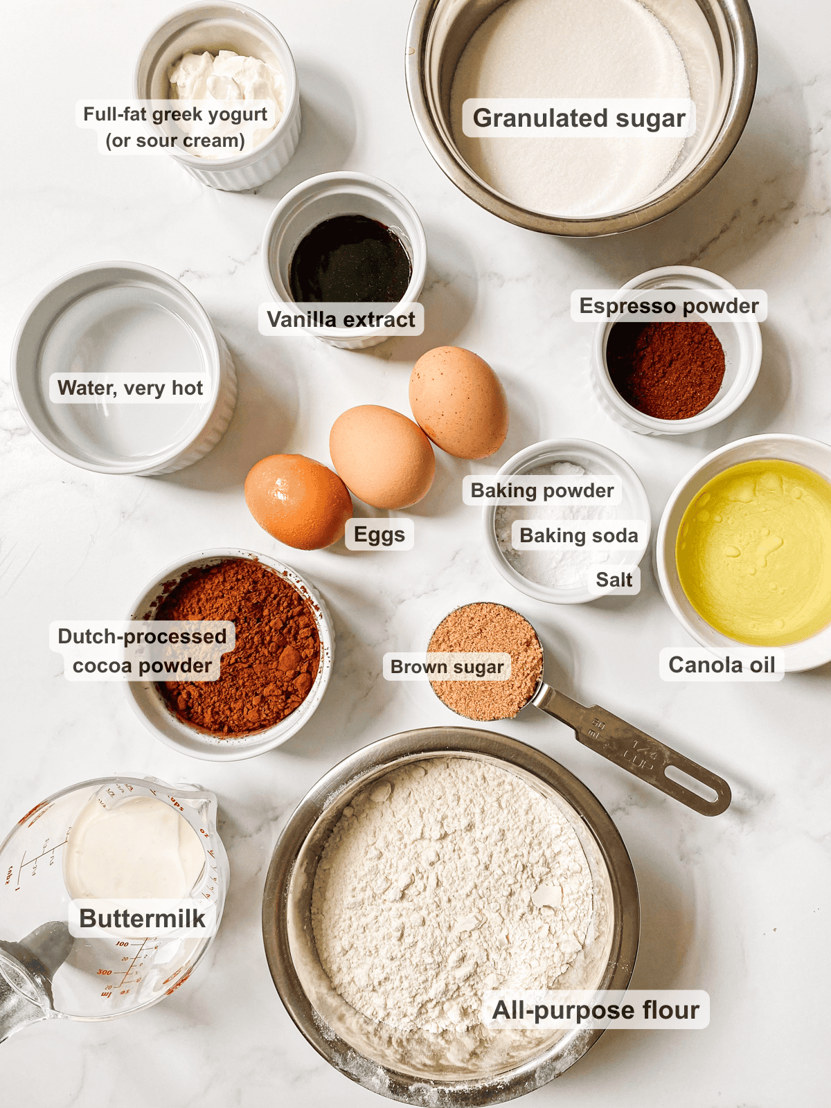 Overhead shot of labeled ingredients for chocolate cake.