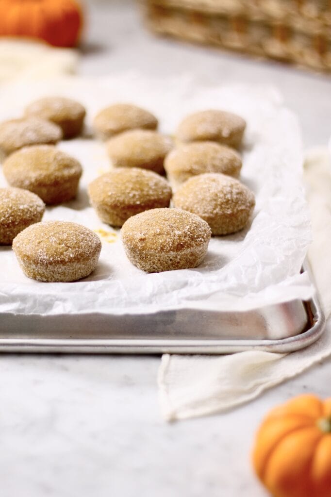 mini pumpkin muffins coated in cinnamon sugar, sitting on a white background