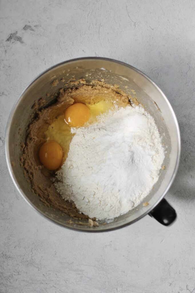 flour and eggs in mixing bowl for brown sugar cookies