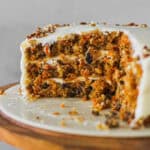Inside cross section of an old fashioned carrot cake made with pineapple and nuts.