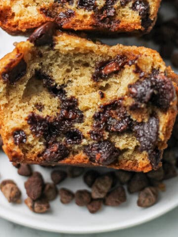 Inside look at lots of chocolate in a muffin from my small batch recipe.