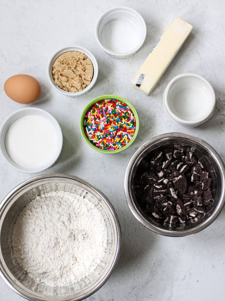 Overhead shot of ingredients used in Funfetti Oreo cookies.