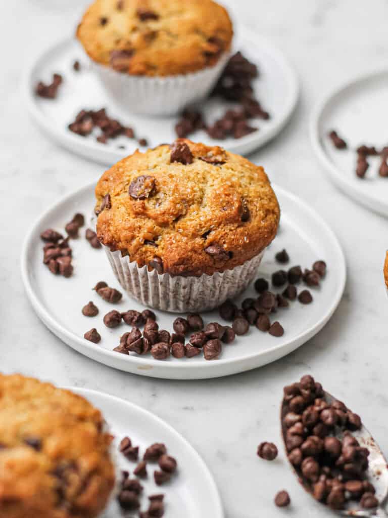 Small batch chocolate chip muffins, sitting on white plates and surrounded by mini chips.