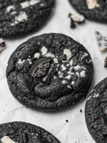 Overhead image of chocolate cookies and cream cookie.