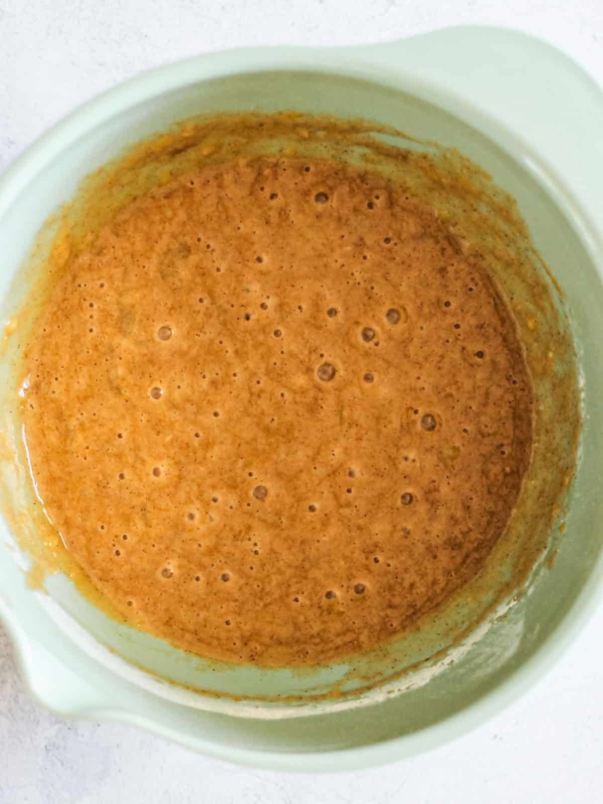 Image of carrot cake after dry ingredients have been added to your bowl of wet ingredients.