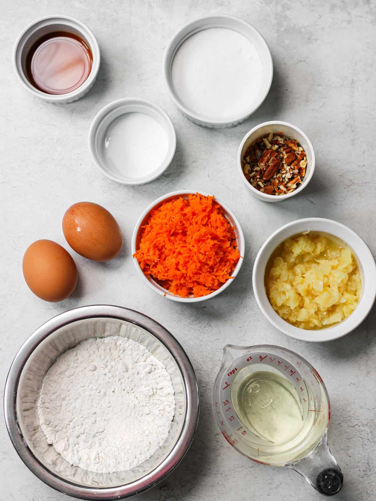 Overhead shot of ingredients for carrot cake recipe.
