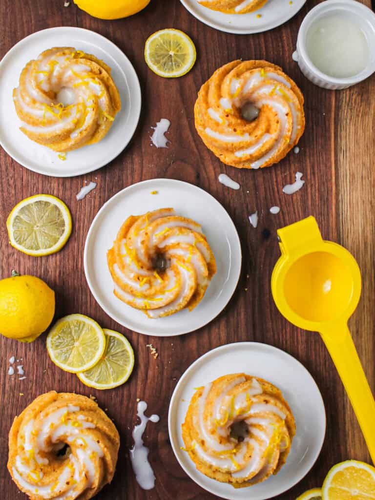 Overheard shot of 6 glazed lemon bundt cakes.