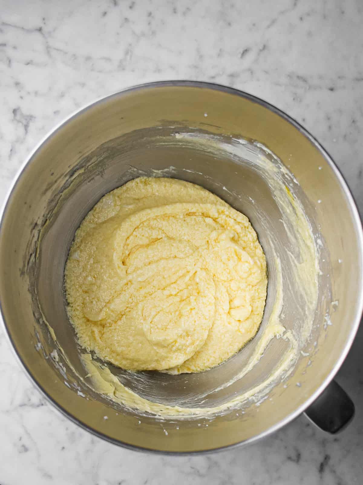 Cake batter after adding three eggs to it.